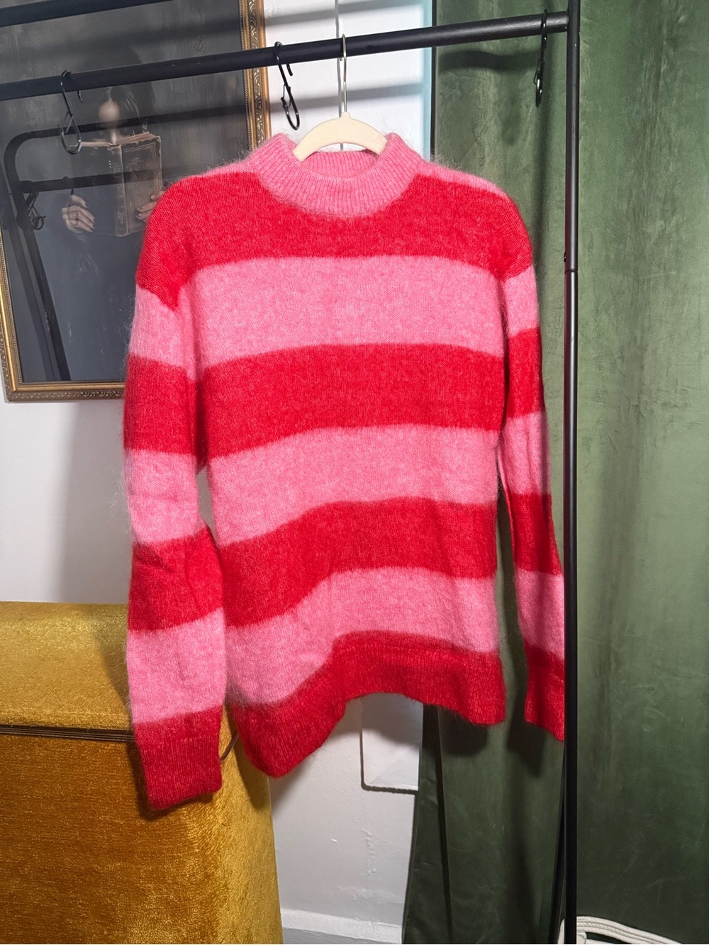 H&M Oversized Striped Pink & Red Mohair/Wool Turtleneck Sweater